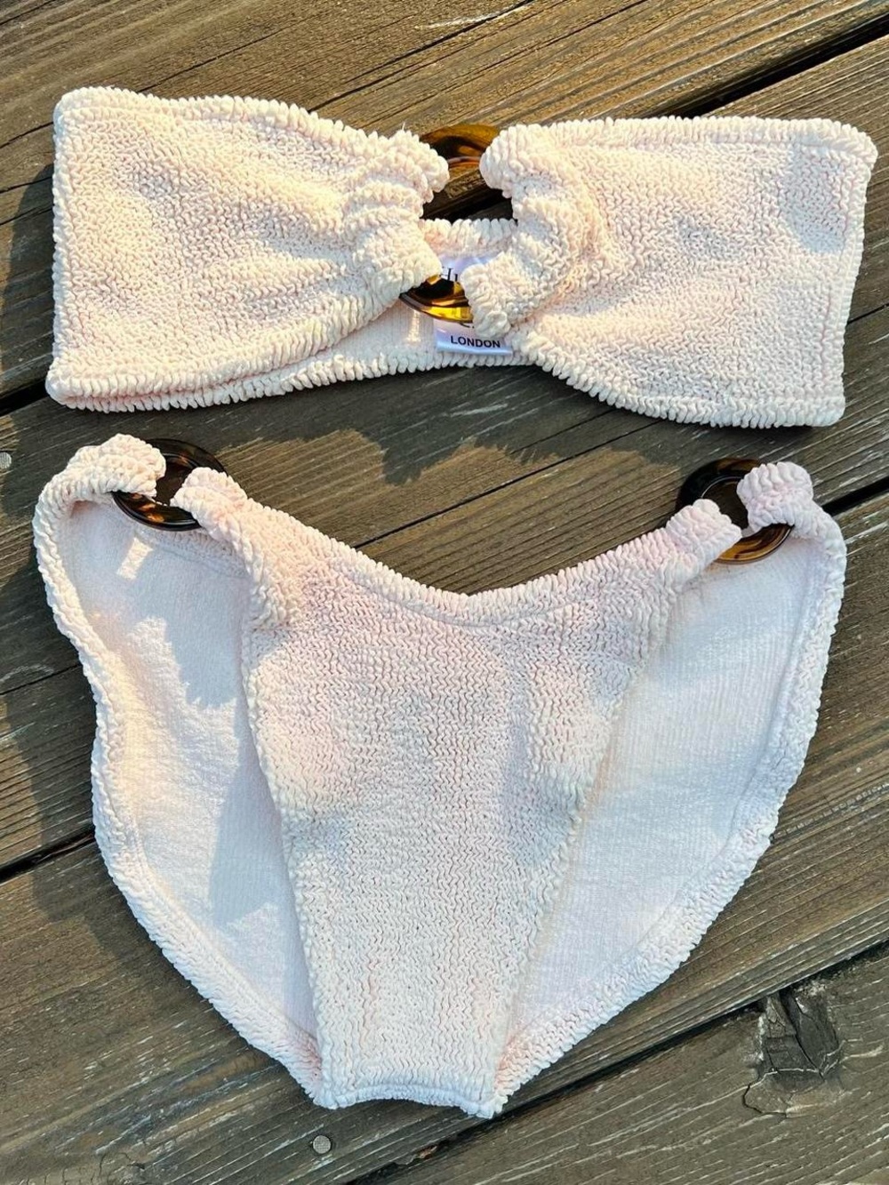 Hunza G Cream Textured Bandeau Bikini with Tortoiseshell Rings